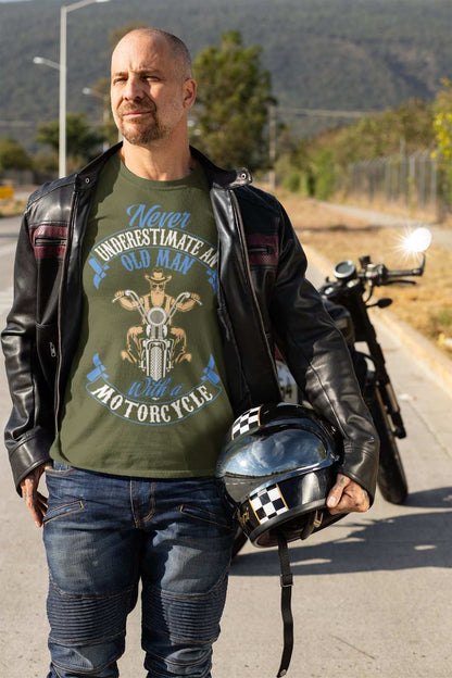 Never Underestimate An Old Guy On a Motorcycle Biker T-Shirt Dad Funny Gift T-Shirt