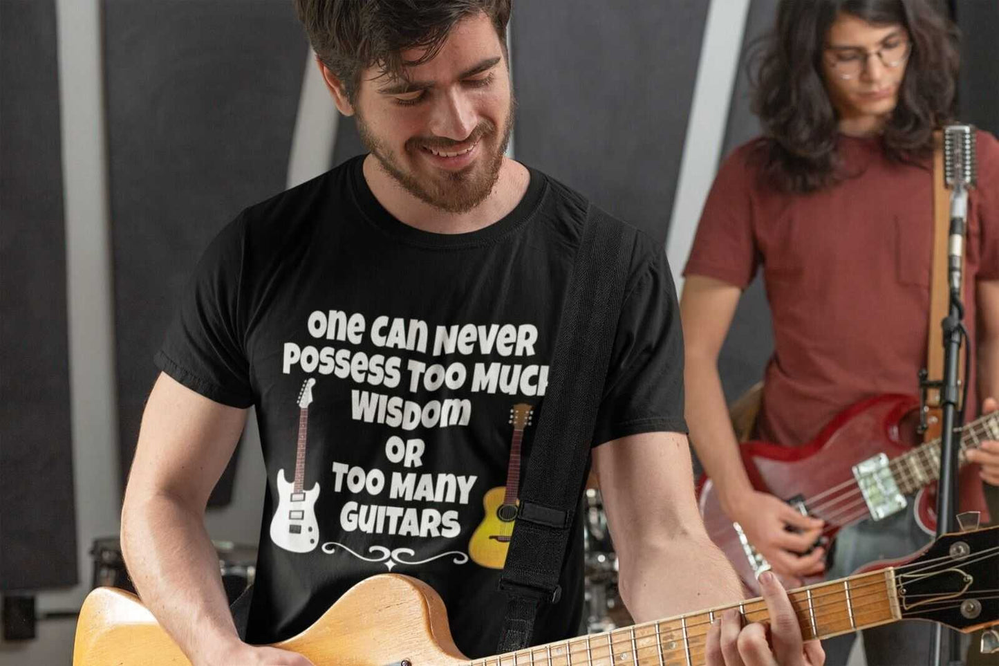 One Can Never Possess Too Much Wisdom Or Too Many Guitars Funny T-Shirt Musician T-Shirt