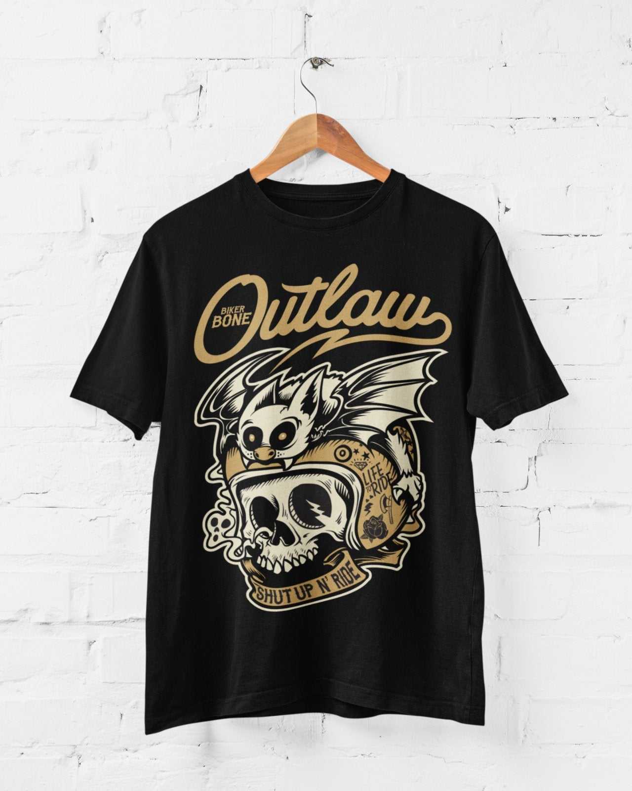 Outlaw Biker T-Shirt Bones Skull Bat Hell Out Of Retro Motorcycle Classic Gift T-Shirt