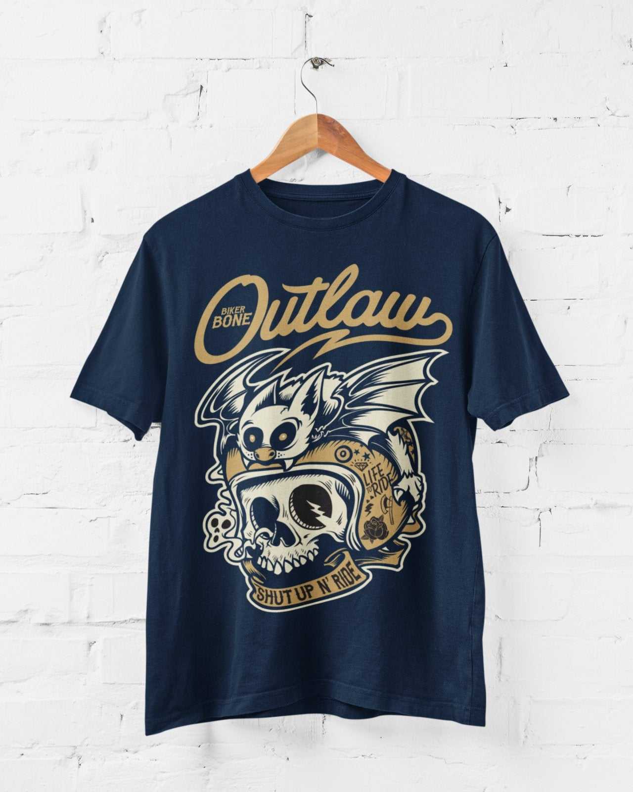 Outlaw Biker T-Shirt Bones Skull Bat Hell Out Of Retro Motorcycle Classic Gift T-Shirt
