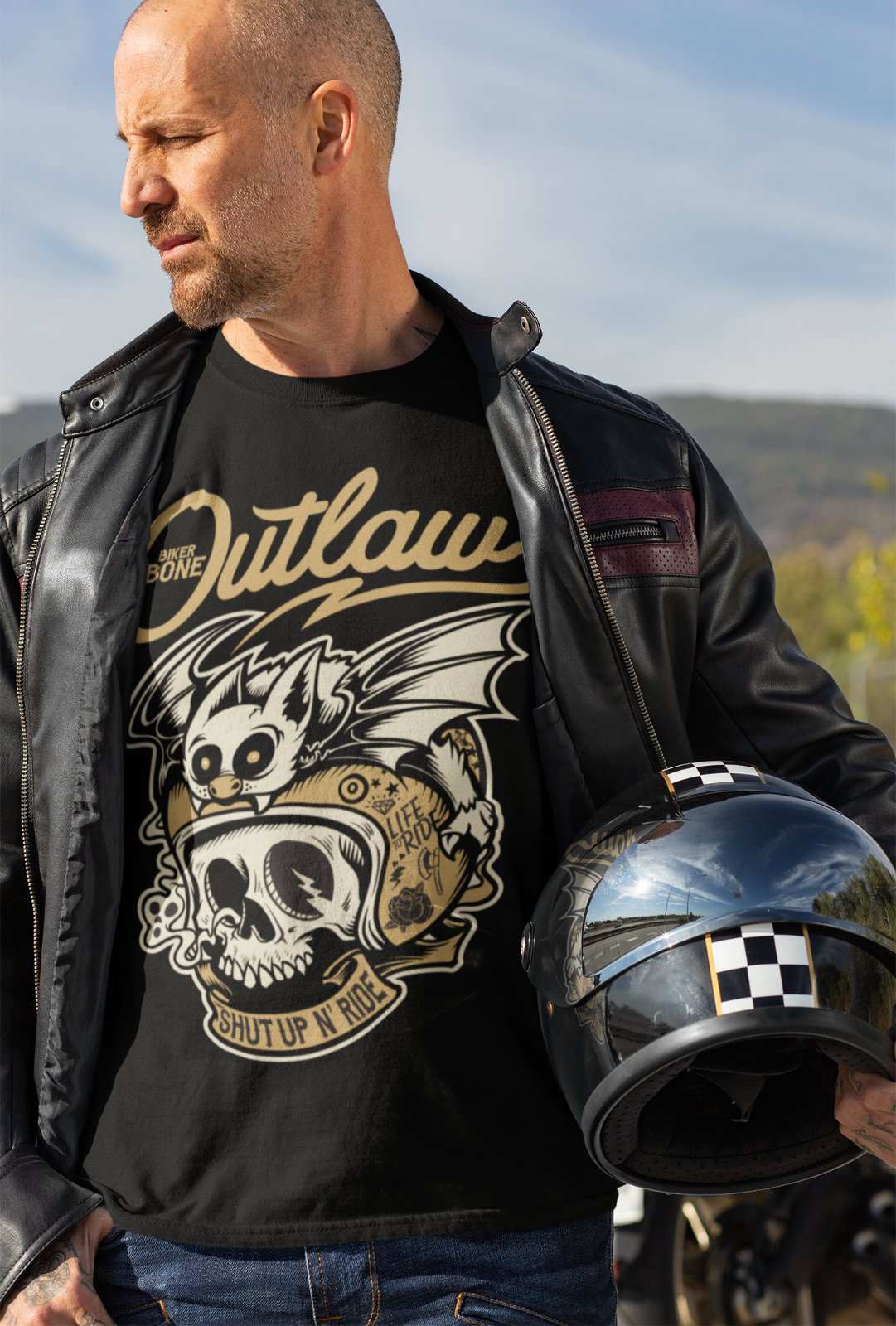Outlaw Biker T-Shirt Bones Skull Bat Hell Out Of Retro Motorcycle Classic Gift T-Shirt