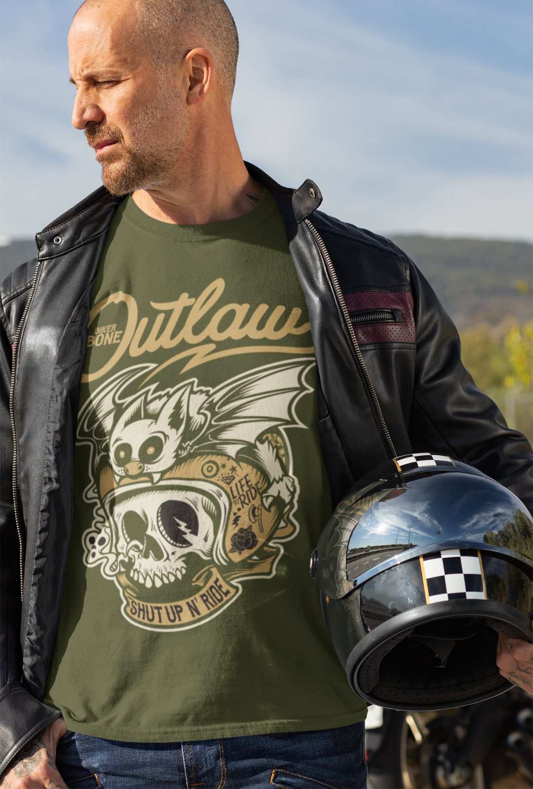 Outlaw Biker T-Shirt Bones Skull Bat Hell Out Of Retro Motorcycle Classic Gift T-Shirt