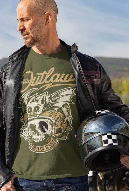 Outlaw Biker T-Shirt Bones Skull Bat Hell Out Of Retro Motorcycle Classic Gift T-Shirt