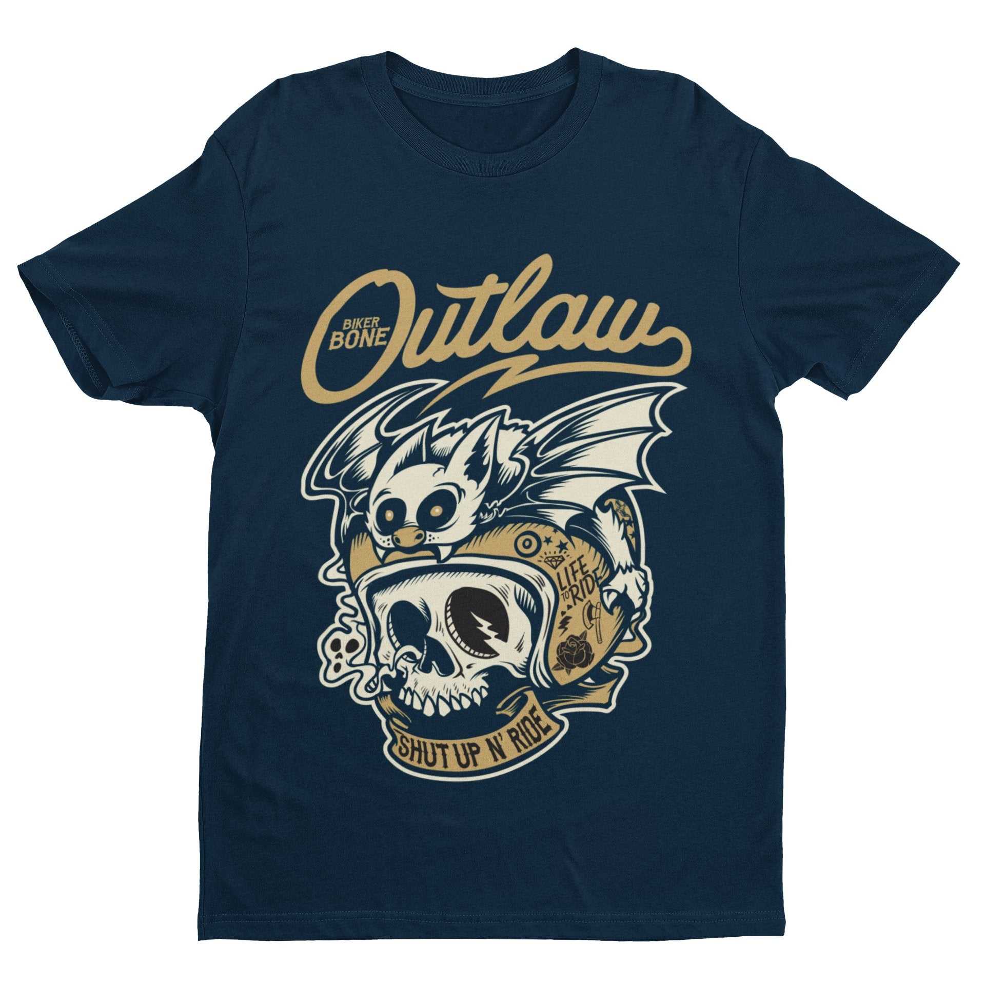 Outlaw Biker T-Shirt Bones Skull Bat Hell Out Of Retro Motorcycle Classic Gift T-Shirt