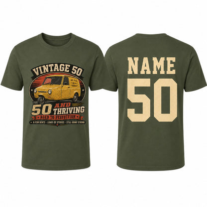 Personalised 50 and Thriving T-Shirt, Retro Van 50th Birthday Gift