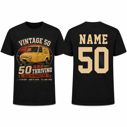 Personalised 50 and Thriving T-Shirt, Retro Van 50th Birthday Gift