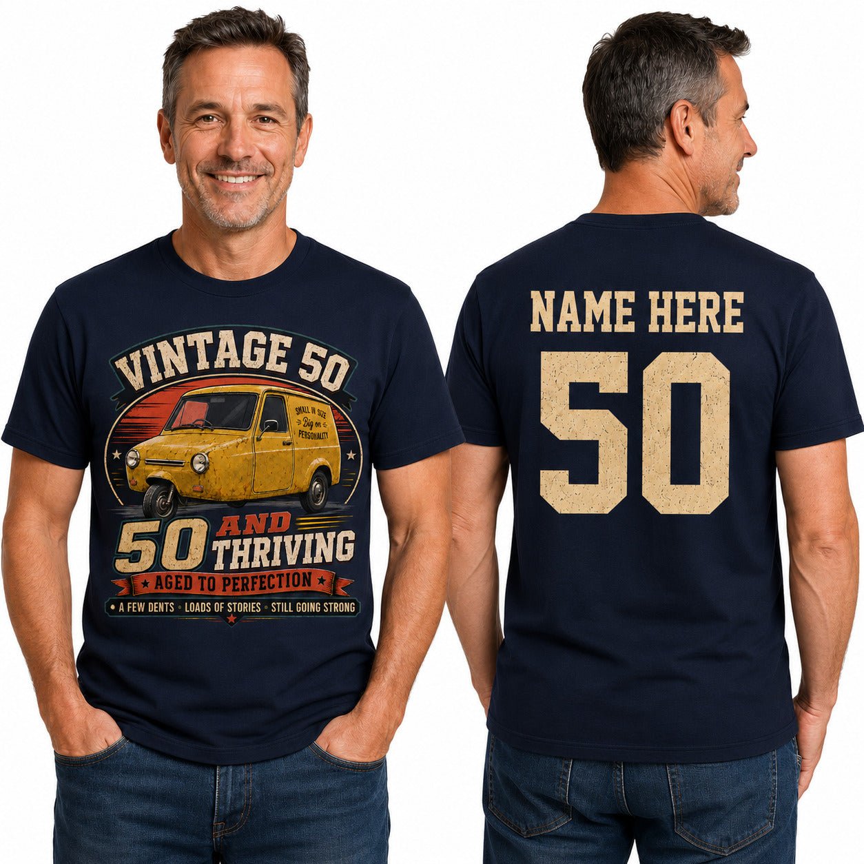 Personalised 50 and Thriving T-Shirt, Retro Van 50th Birthday Gift