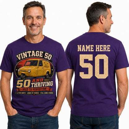 Personalised 50 and Thriving T-Shirt, Retro Van 50th Birthday Gift