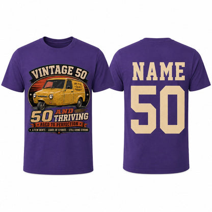 Personalised 50 and Thriving T-Shirt, Retro Van 50th Birthday Gift