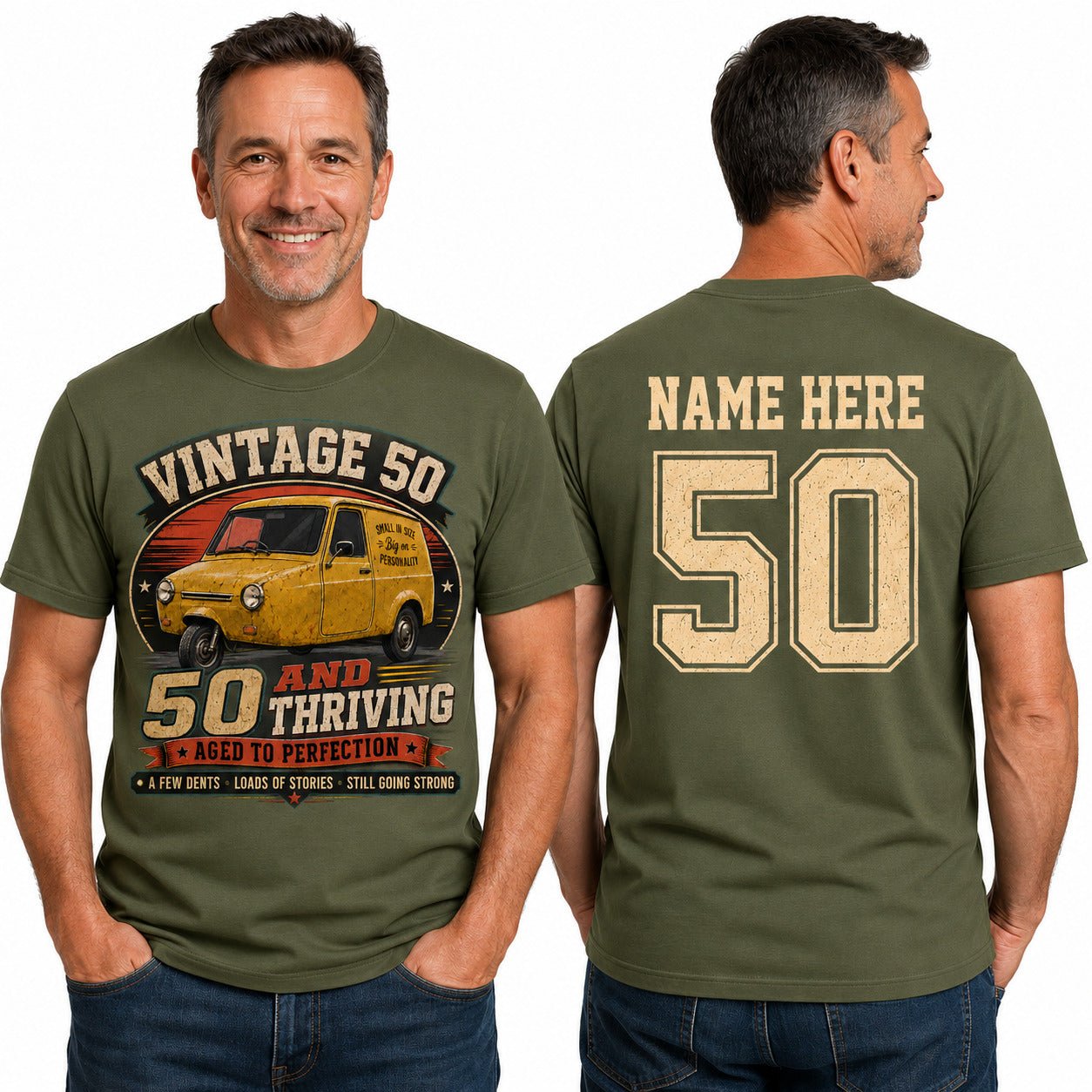 Personalised 50 and Thriving T-Shirt, Retro Van 50th Birthday Gift