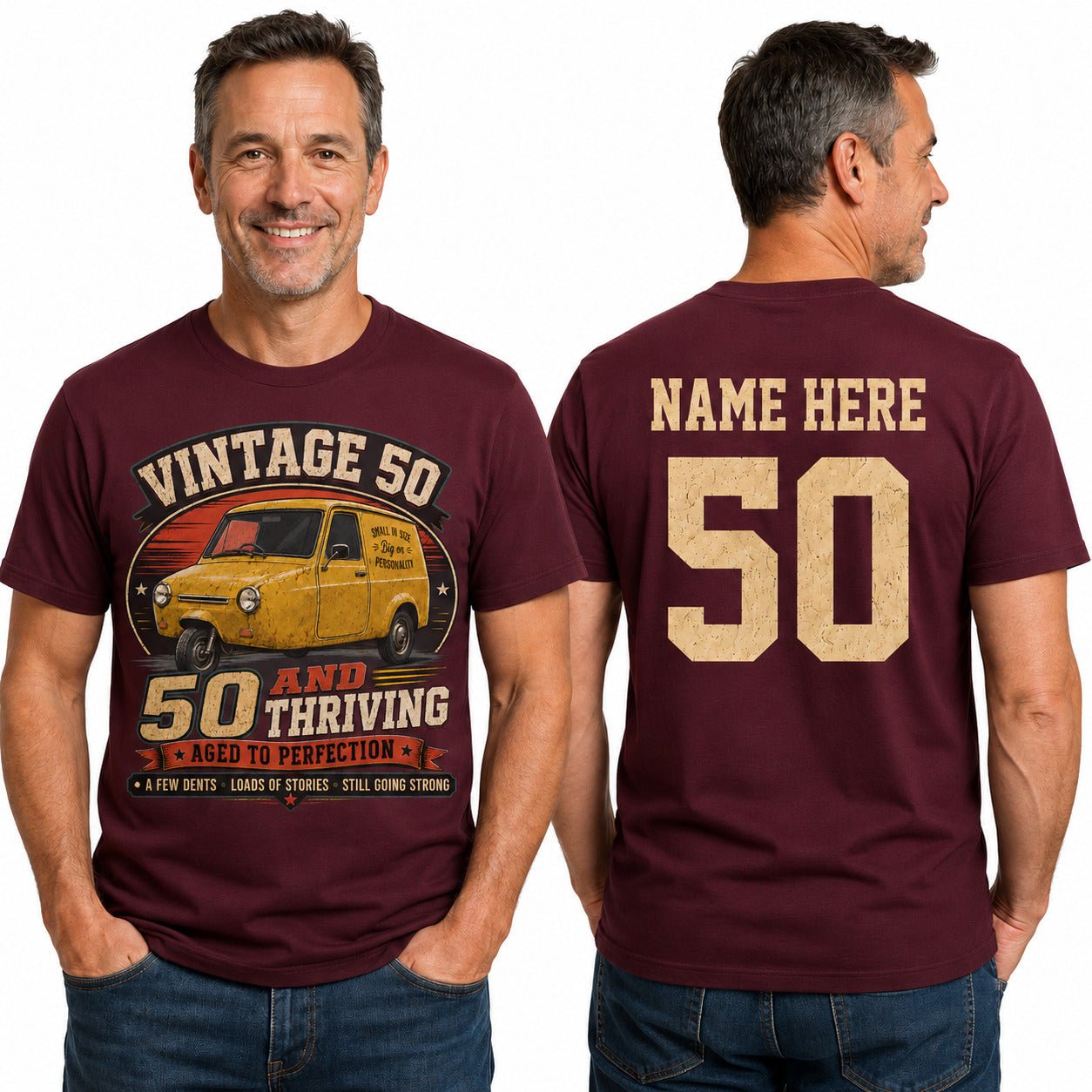 Personalised 50 and Thriving T-Shirt, Retro Van 50th Birthday Gift