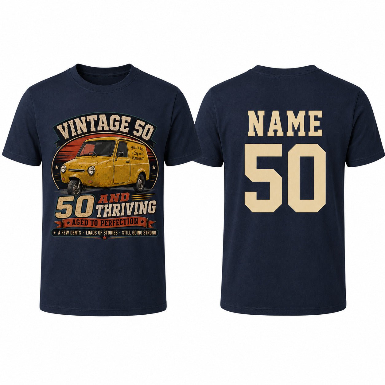 Personalised 50 and Thriving T-Shirt, Retro Van 50th Birthday Gift