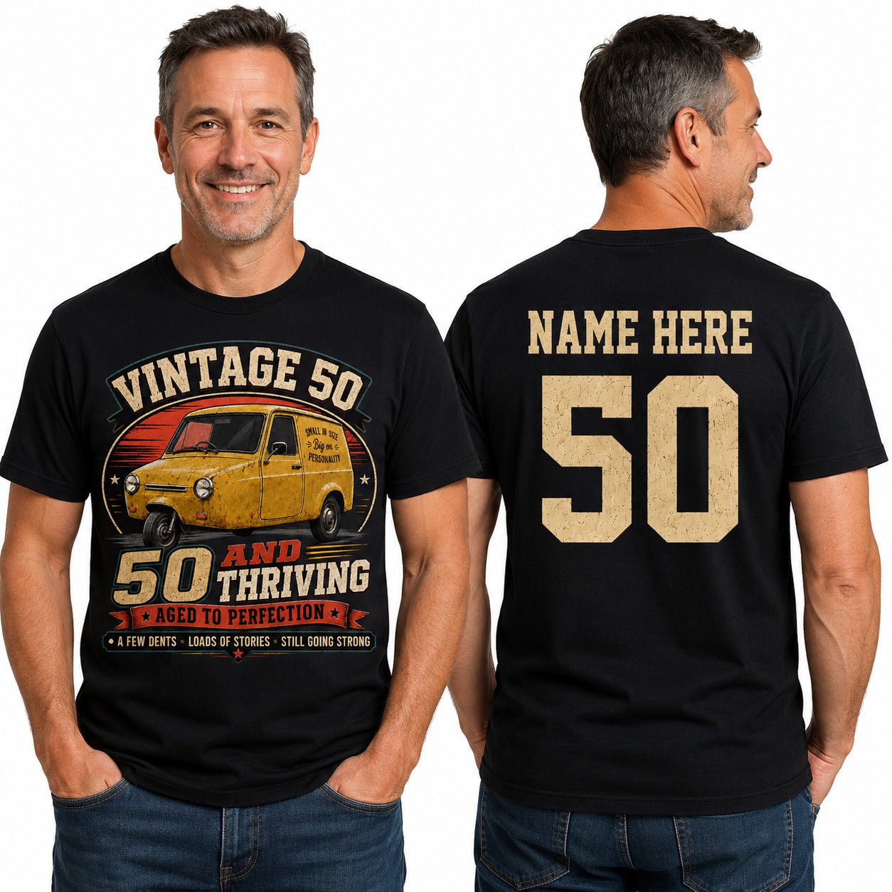 Personalised 50 and Thriving T-Shirt, Retro Van 50th Birthday Gift