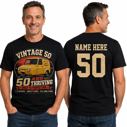 Personalised 50 and Thriving T-Shirt, Retro Van 50th Birthday Gift