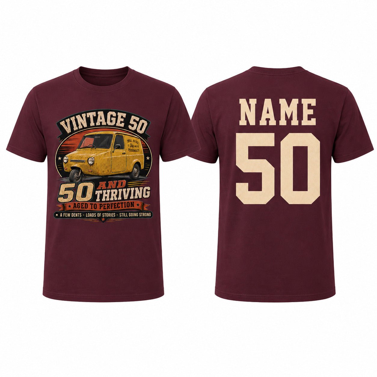 Personalised 50 and Thriving T-Shirt, Retro Van 50th Birthday Gift