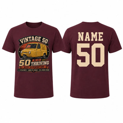 Personalised 50 and Thriving T-Shirt, Retro Van 50th Birthday Gift