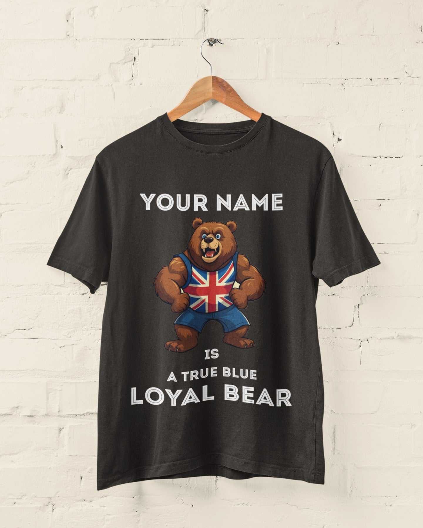 Personalised True Blue Loyal Bear T-Shirt, hanging T-shirt mockup 1