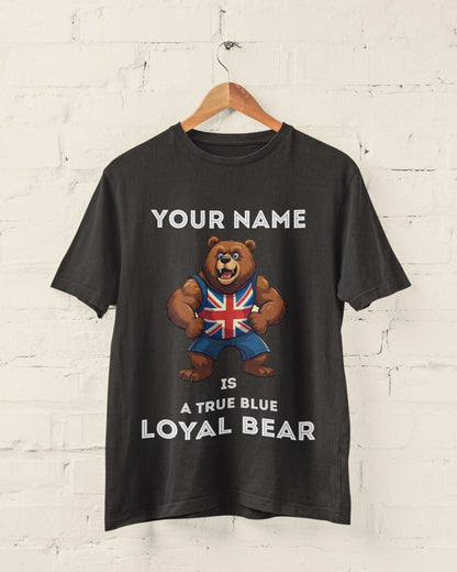 Personalised True Blue Loyal Bear T-Shirt, hanging T-shirt mockup 1
