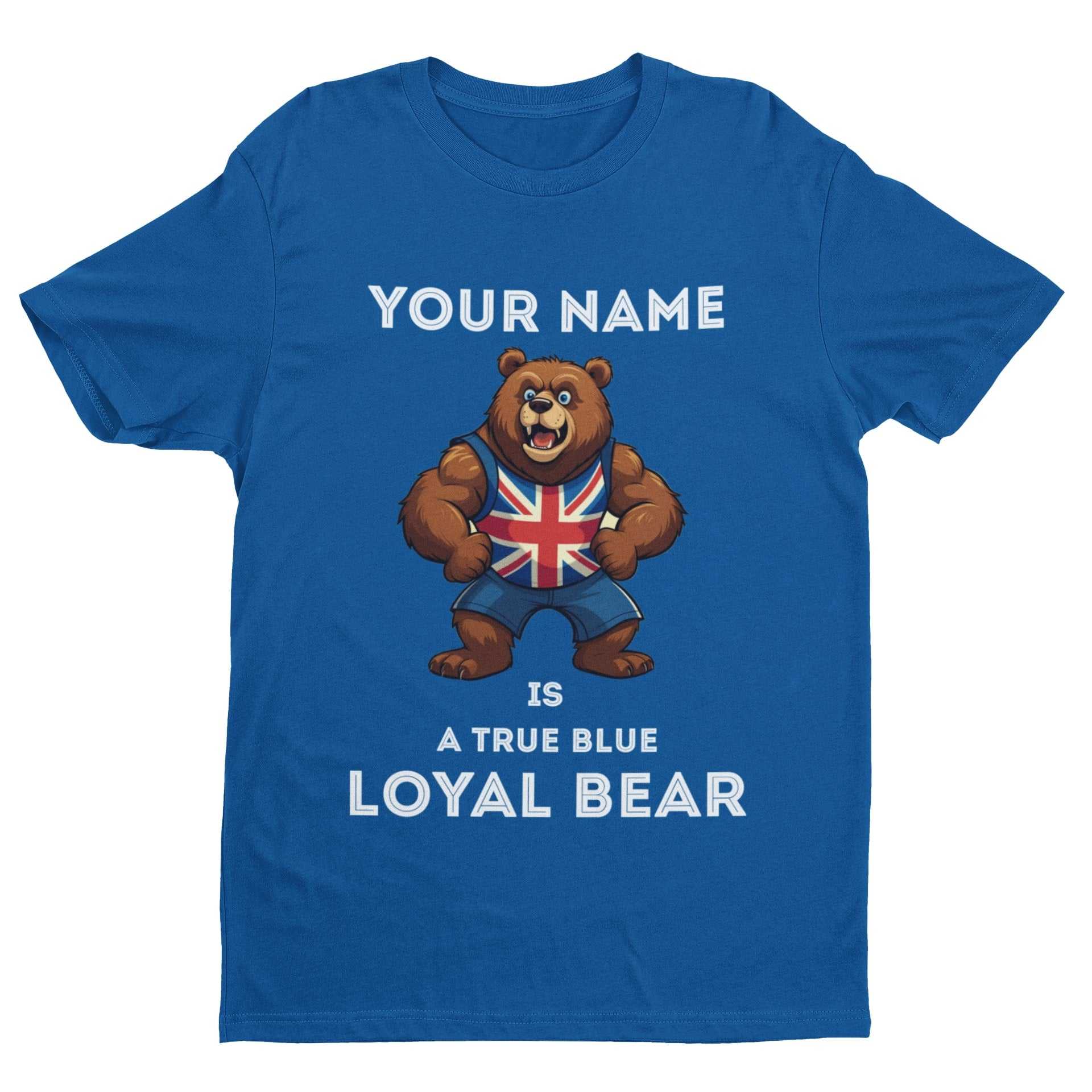Personalised True Blue Loyal Bear T-Shirt in Royal Blue, garment-only front view