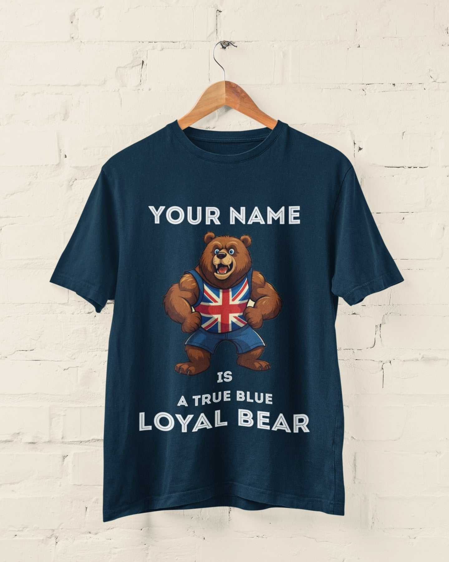 Personalised True Blue Loyal Bear T-Shirt, hanging T-shirt mockup 2