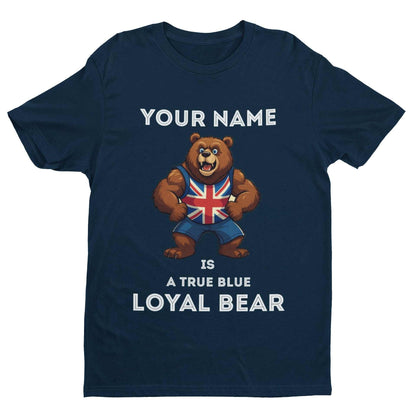Personalised True Blue Loyal Bear T-Shirt in Navy, garment-only front view