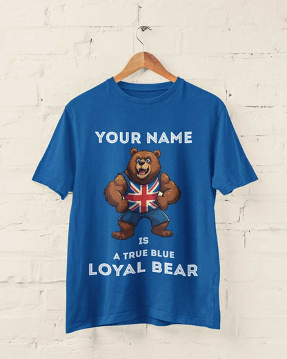 Personalised True Blue Loyal Bear T-Shirt, hanging T-shirt mockup 3
