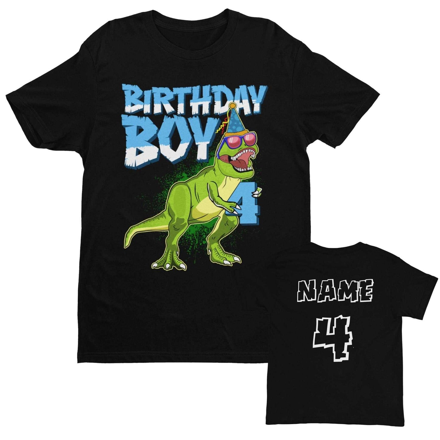 Personalised Boys 4th Birthday Dinosaur T-Shirt Name & Age On Back T-Shirt Gift