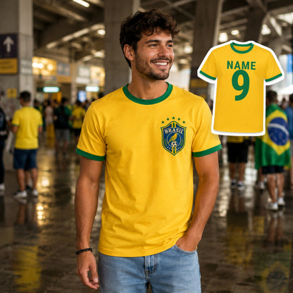 Personalised Brazil Country Ringer T-Shirt – Custom Name & Number Back Print