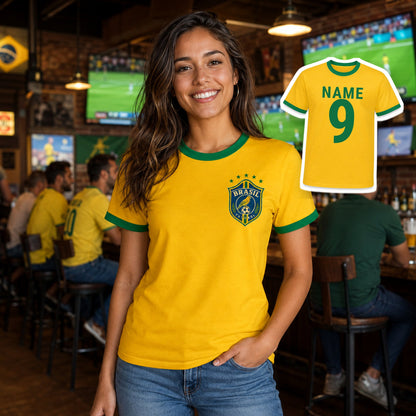 Personalised Brazil Country Ringer T-Shirt – Custom Name & Number Back Print