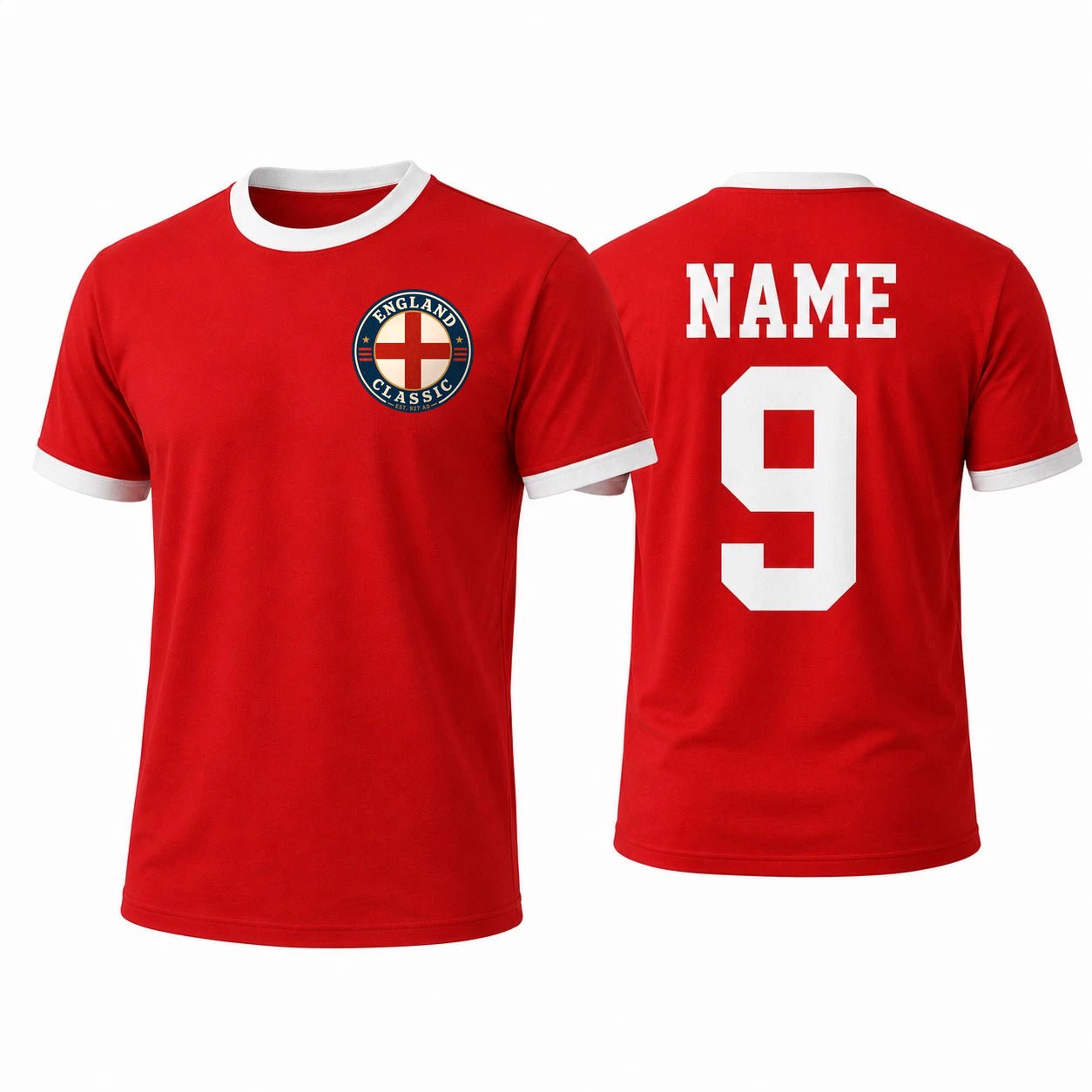 Personalised England Country Ringer T-Shirt – Custom Name & Number Back Print
