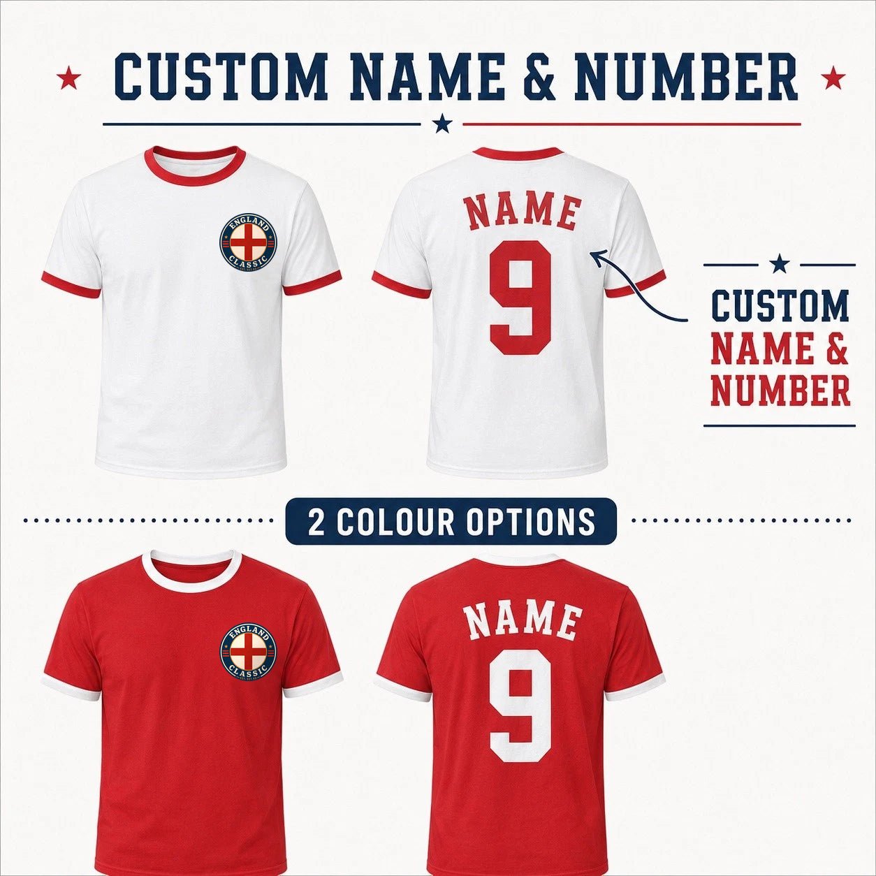 Personalised England Country Ringer T-Shirt – Custom Name & Number Back Print