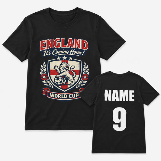 Personalised England World Cup T-Shirt, Custom Name & Number Back Print, Adult Unisex Football Fan Shirt, White Black Gift