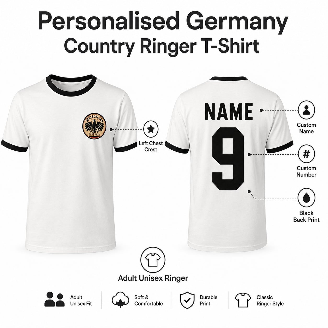 Personalised Germany Country Ringer T-Shirt – Custom Name & Number Back Print