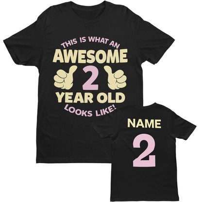 Personalised Girls 2nd Birthday T-Shirt Awesome 2 Year Old NAME AND AGE ON BACK T-Shirt Gift