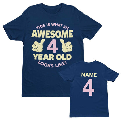 Personalised Girls' 4th Birthday T-Shirt - Name & Age in Navy Blue, front design view