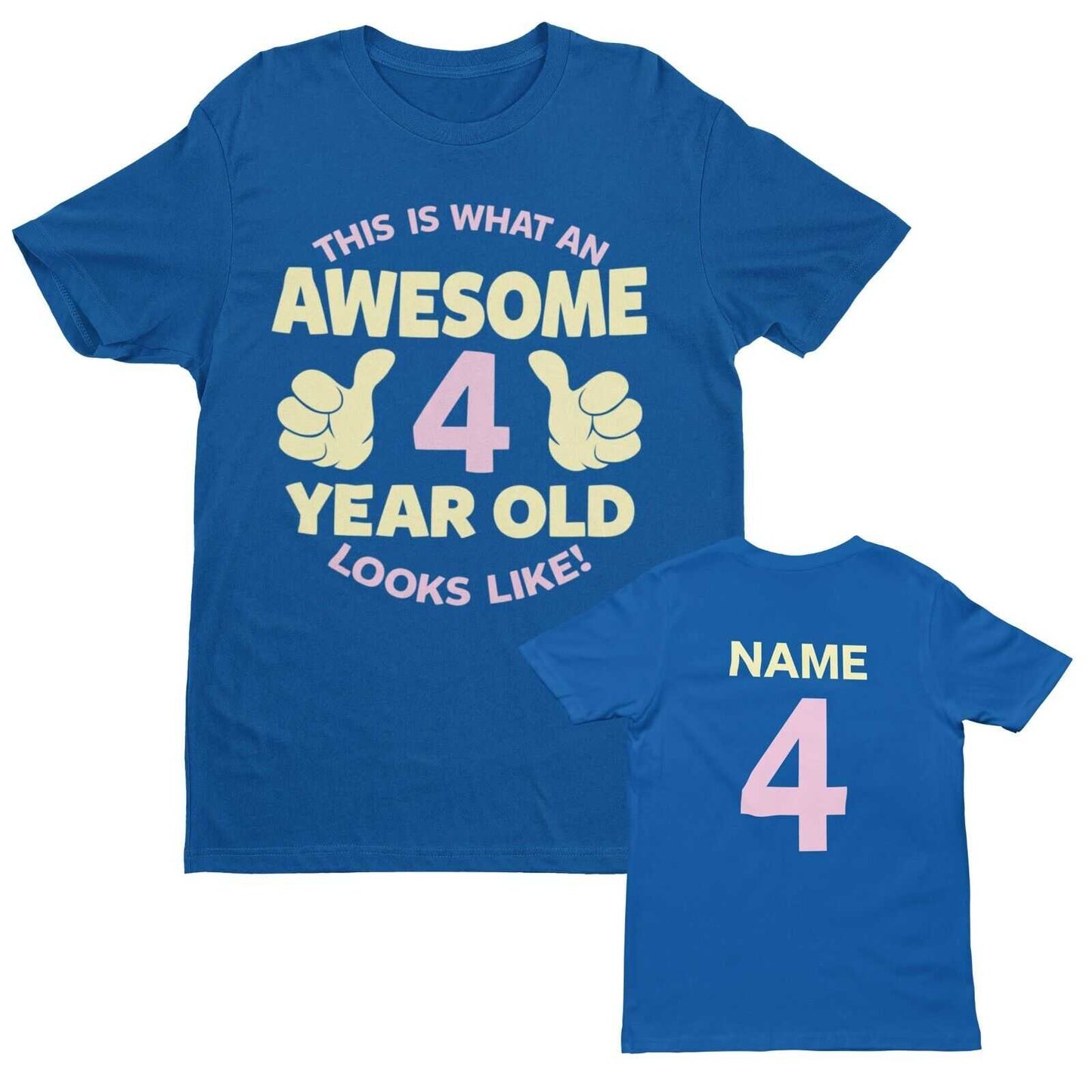 Personalised Girls' 4th Birthday T-Shirt - Name & Age in Royal Blue, front design view