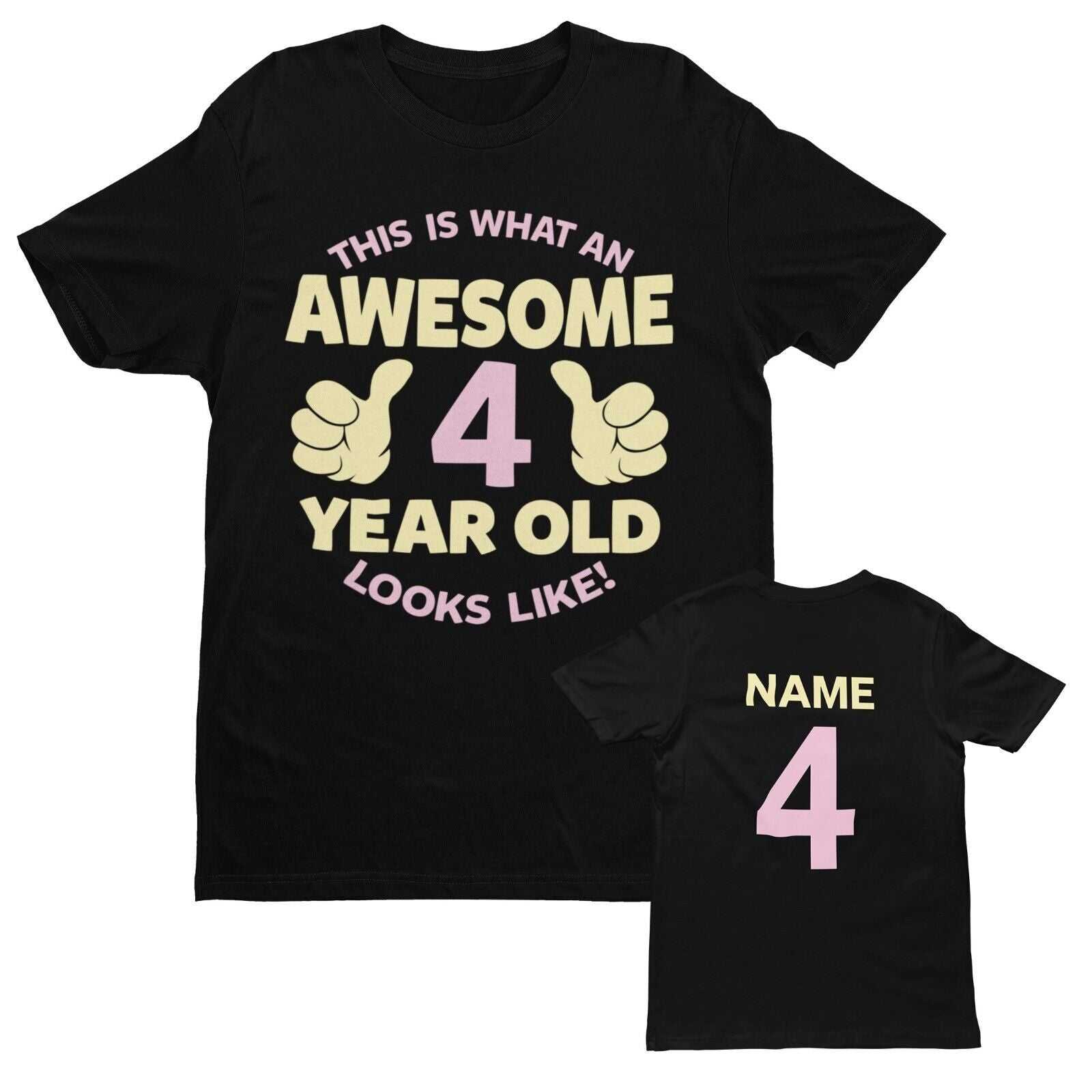 Personalised Girls' 4th Birthday T-Shirt - Name & Age in Black, front design view