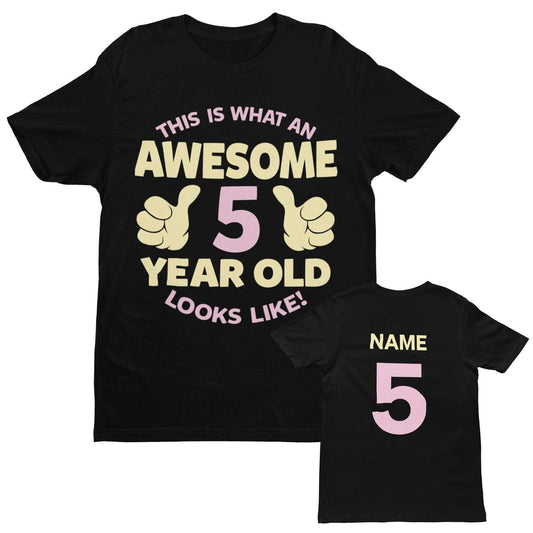 Personalised Girls 5th Birthday T-Shirt Awesome 5 Year Old Name & Age On Back T-Shirt Gift