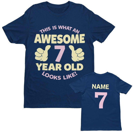 Personalised Girls 7th Birthday T-Shirt Awesome 7 Year Old Name & Age On Back T-Shirt Gift