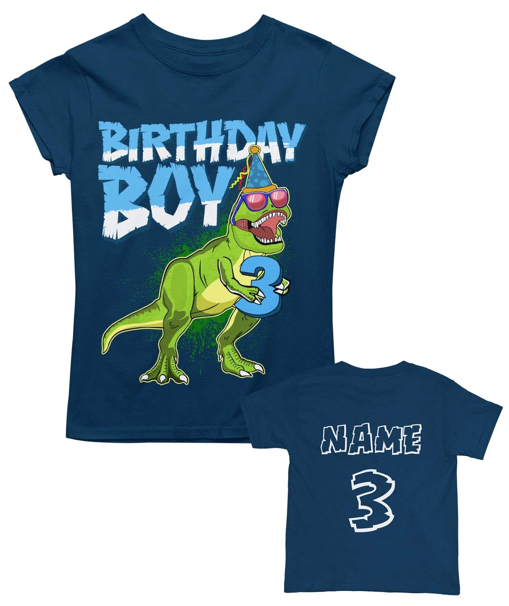 Personalised Kids' 3rd Birthday Dinosaur T-Shirt in Navy Blue, front design view
