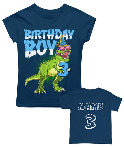 Personalised Kids' 3rd Birthday Dinosaur T-Shirt in Navy Blue, front design view