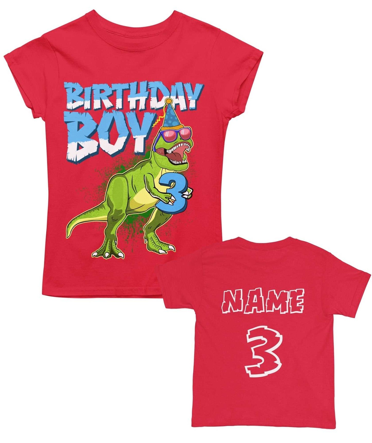 Personalised Kids' 3rd Birthday Dinosaur T-Shirt in Red, front design view