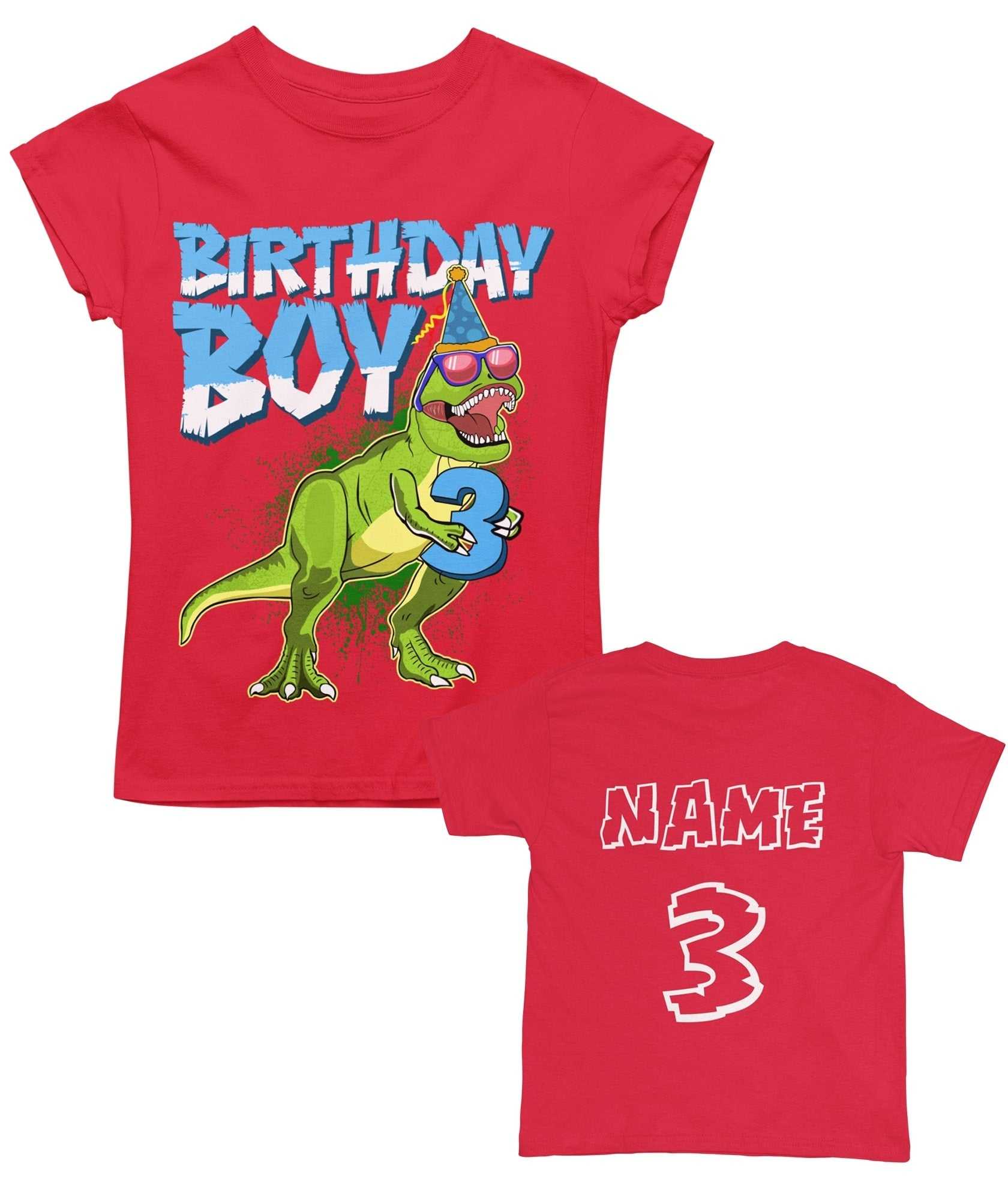 Personalised Kids' 3rd Birthday Dinosaur T-Shirt in Red, front design view