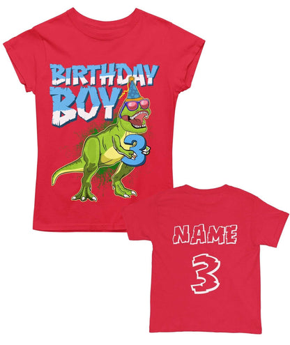 Personalised Kids' 3rd Birthday Dinosaur T-Shirt in Red, front design view