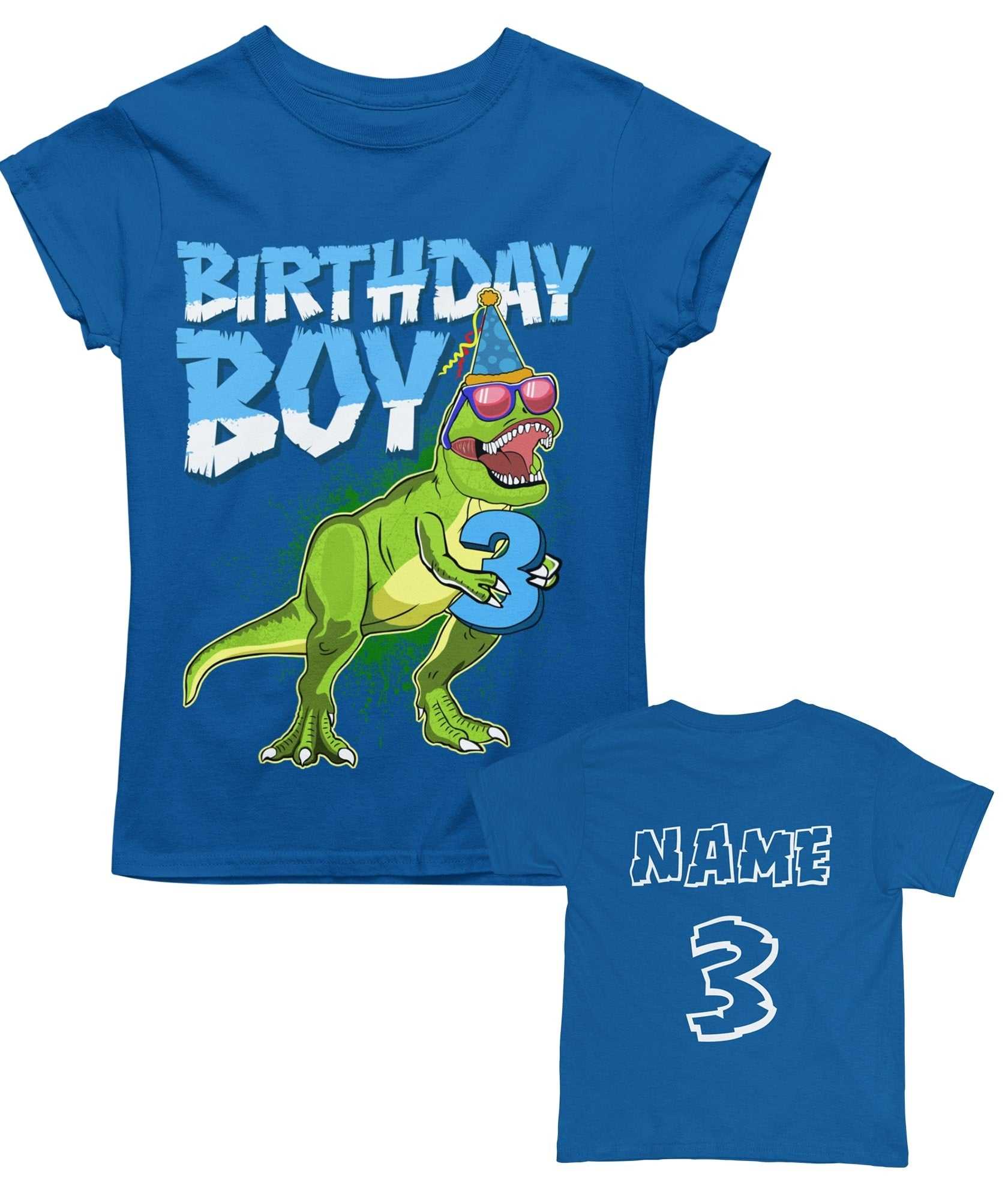 Personalised Kids' 3rd Birthday Dinosaur T-Shirt in Royal Blue, front design view