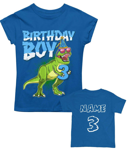 Personalised Kids' 3rd Birthday Dinosaur T-Shirt in Royal Blue, front design view