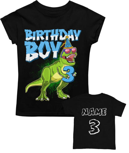 Personalised Kids' 3rd Birthday Dinosaur T-Shirt in Black, front design view