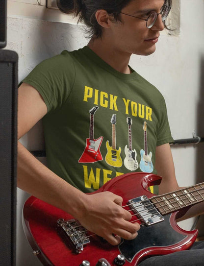 Pick Your Weapon Guitar T-Shirt Colour Design Funny Musician Gift Guitarist Player T-Shirt