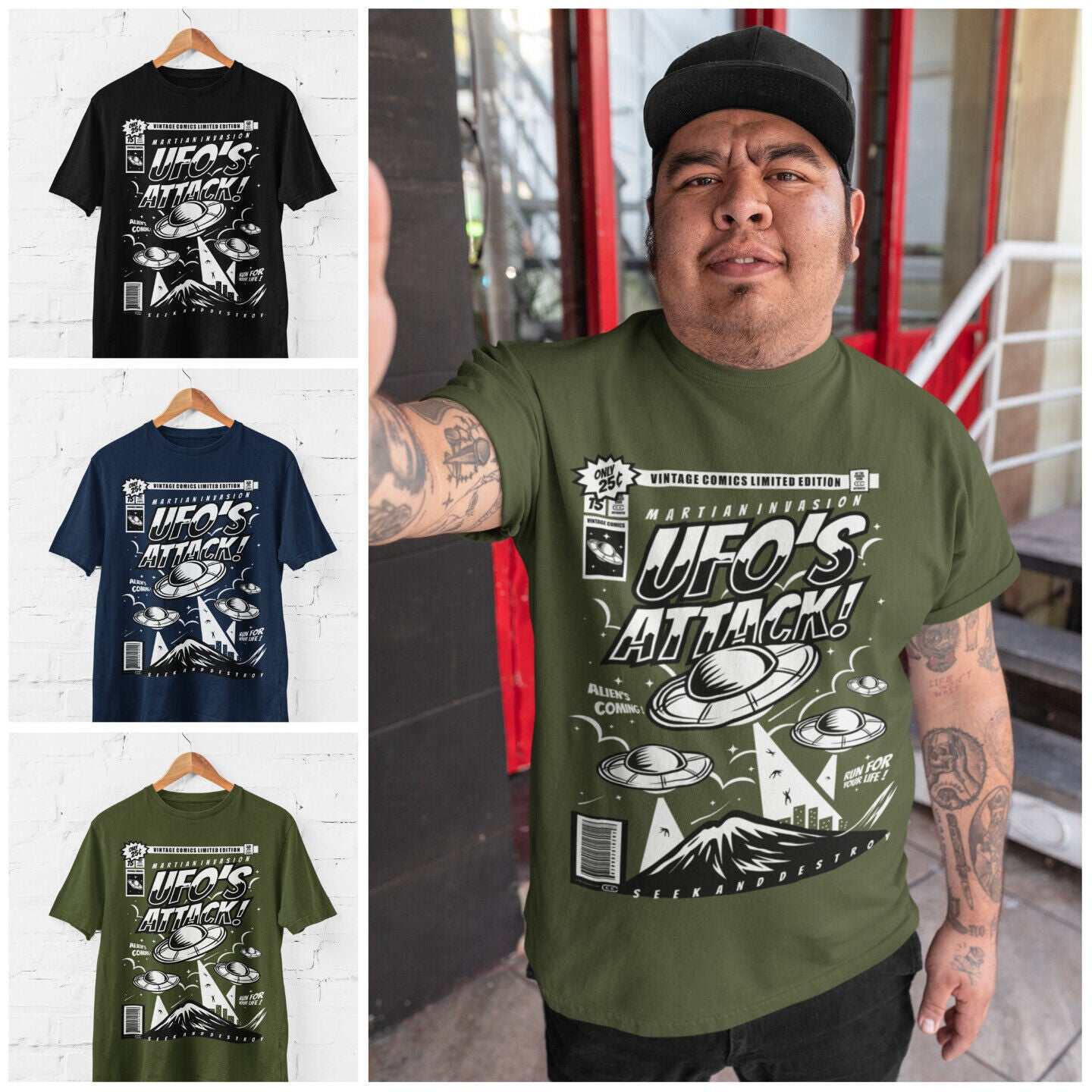 Retro Comic Book Style UFO's Attack T-Shirt Funny Alien 50s Cinema Style Design T-Shirt