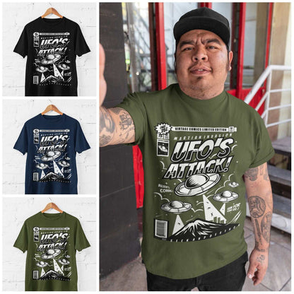 Retro Comic Book Style UFO's Attack T-Shirt Funny Alien 50s Cinema Style Design T-Shirt